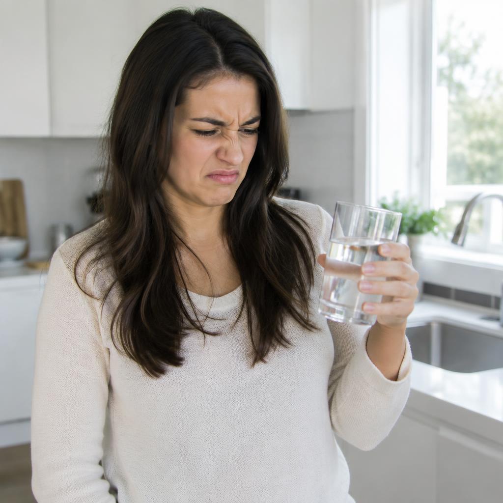 Homeowner wrinkling her nose at a glass of water with an unpleasant smell