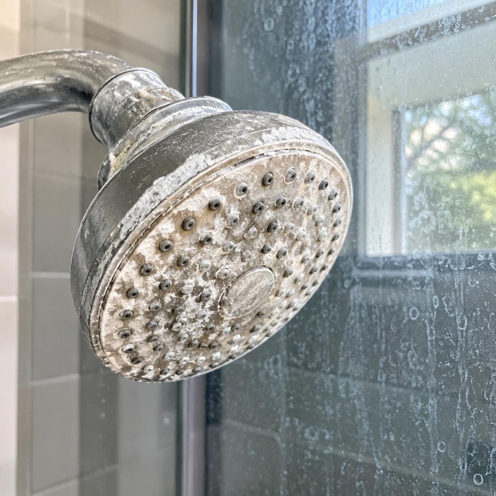 Shower head covered in white limescale buildup from hard well water