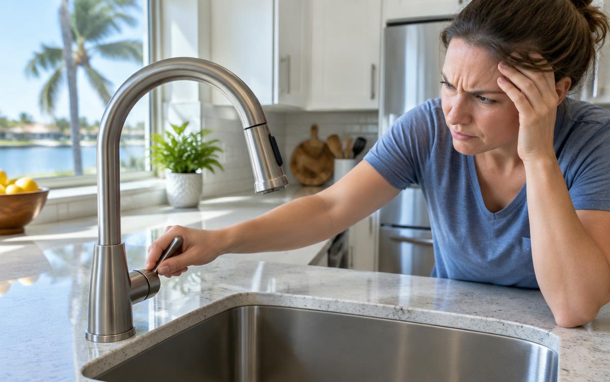 Homeowner at a kitchen faucet with no water coming out