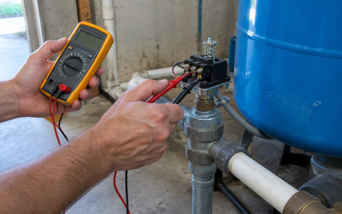 Technician testing well pump pressure switch wiring with a multimeter