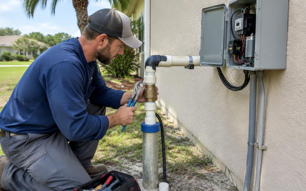 Technician checking a well pump check valve and control box