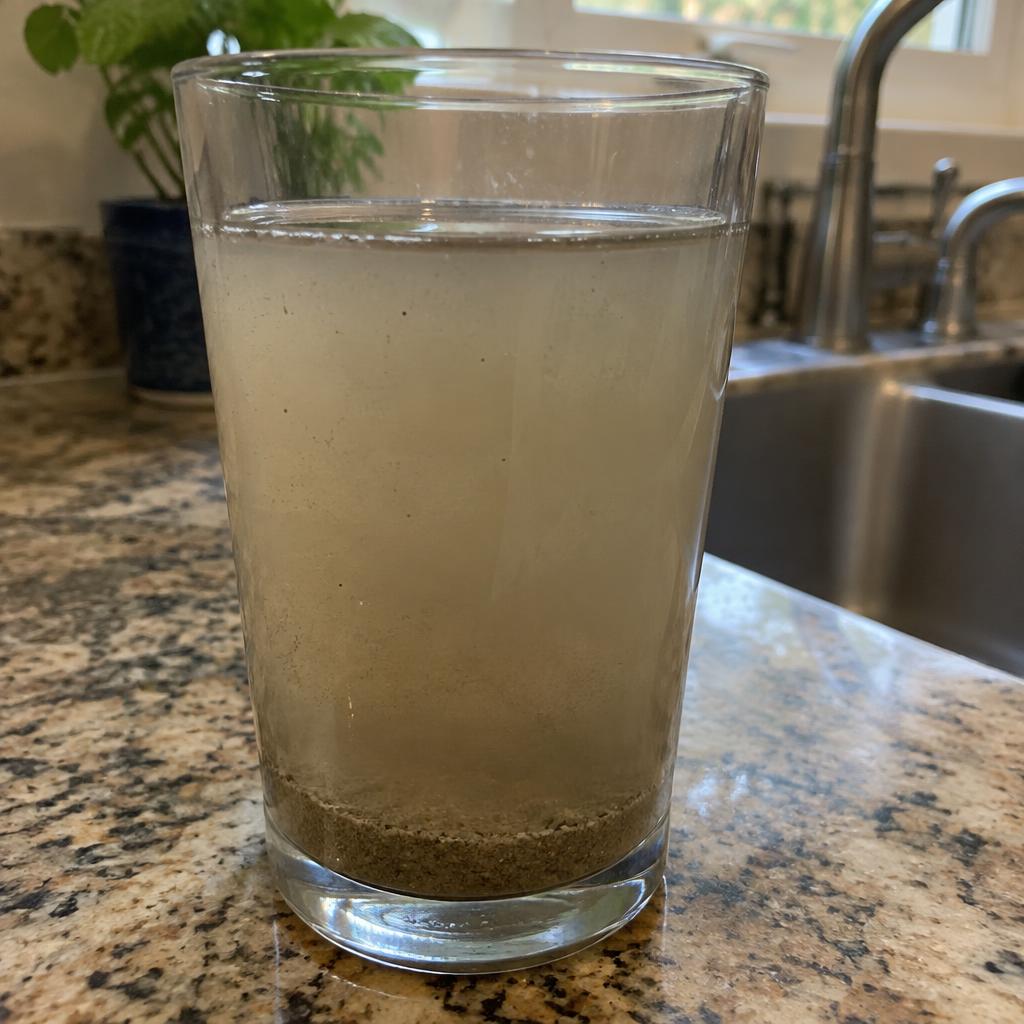 Glass of cloudy sandy well water on a kitchen counter