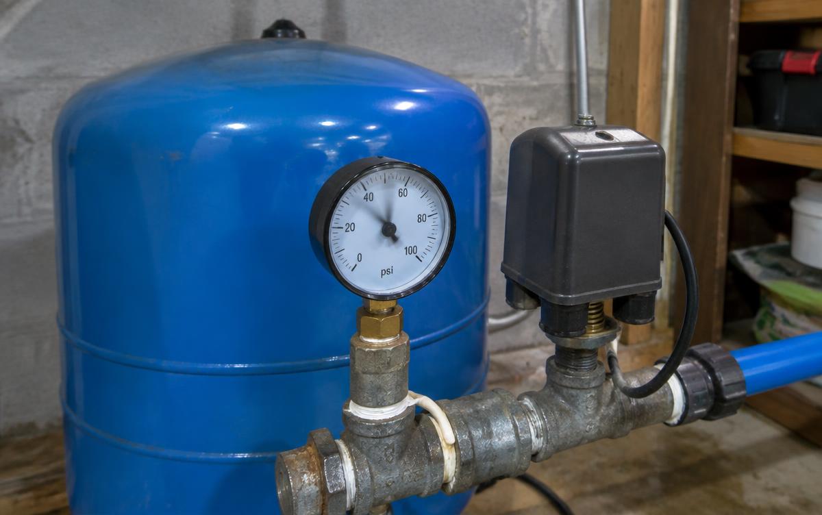 Well pressure tank and pressure switch with a fluctuating gauge
