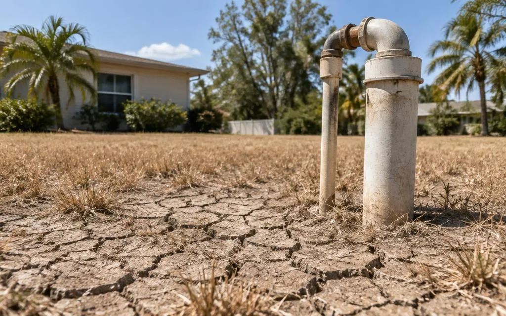 Cracked dry ground beside a residential wellhead during drought