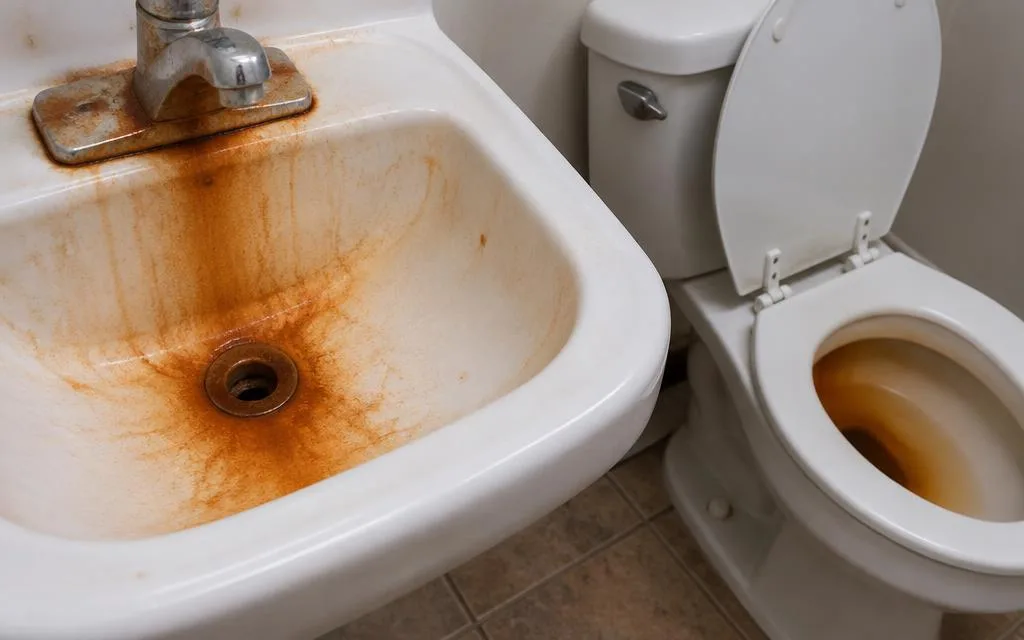 Orange iron staining in a bathroom sink and toilet from well water