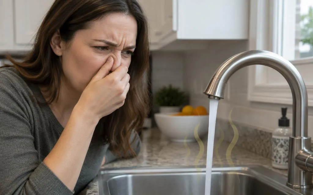 Homeowner covering nose from rotten egg smell coming from tap water