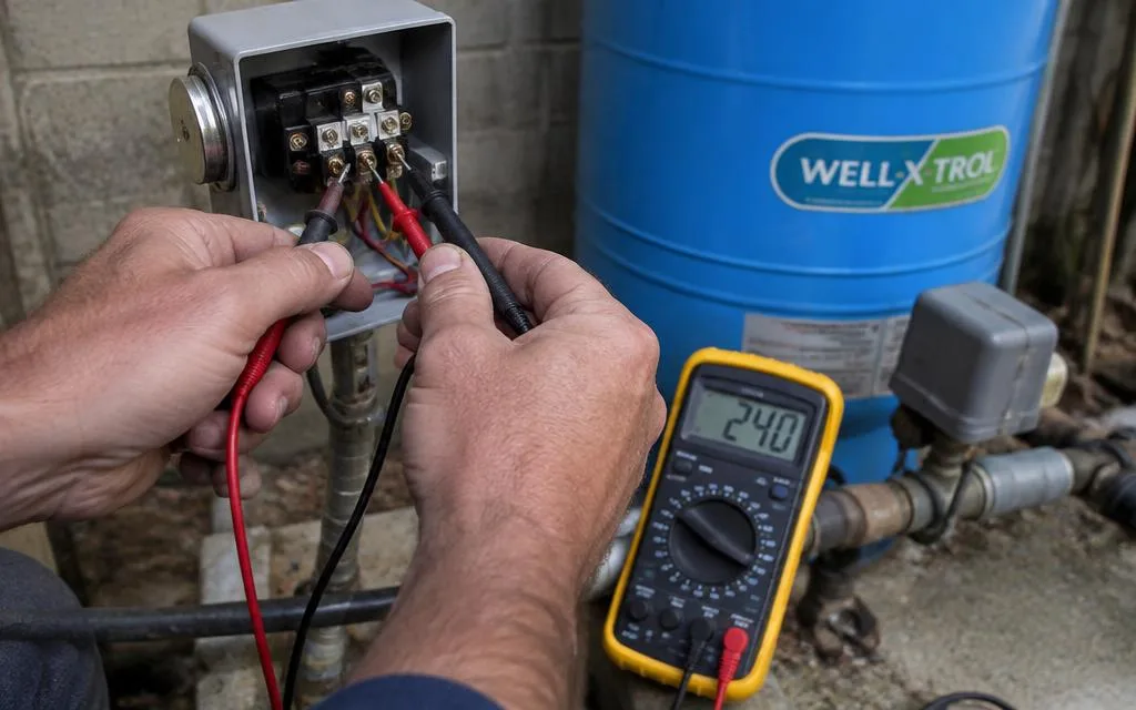 Technician testing well pump pressure switch wiring with a multimeter