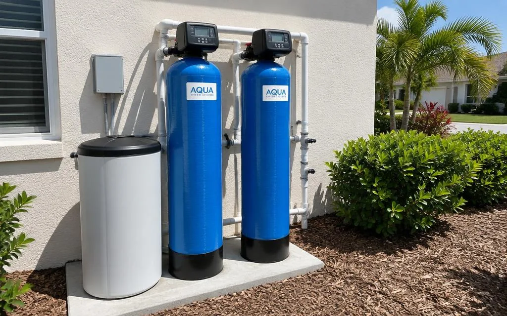 Whole house sulfur filtration tanks installed outside a home